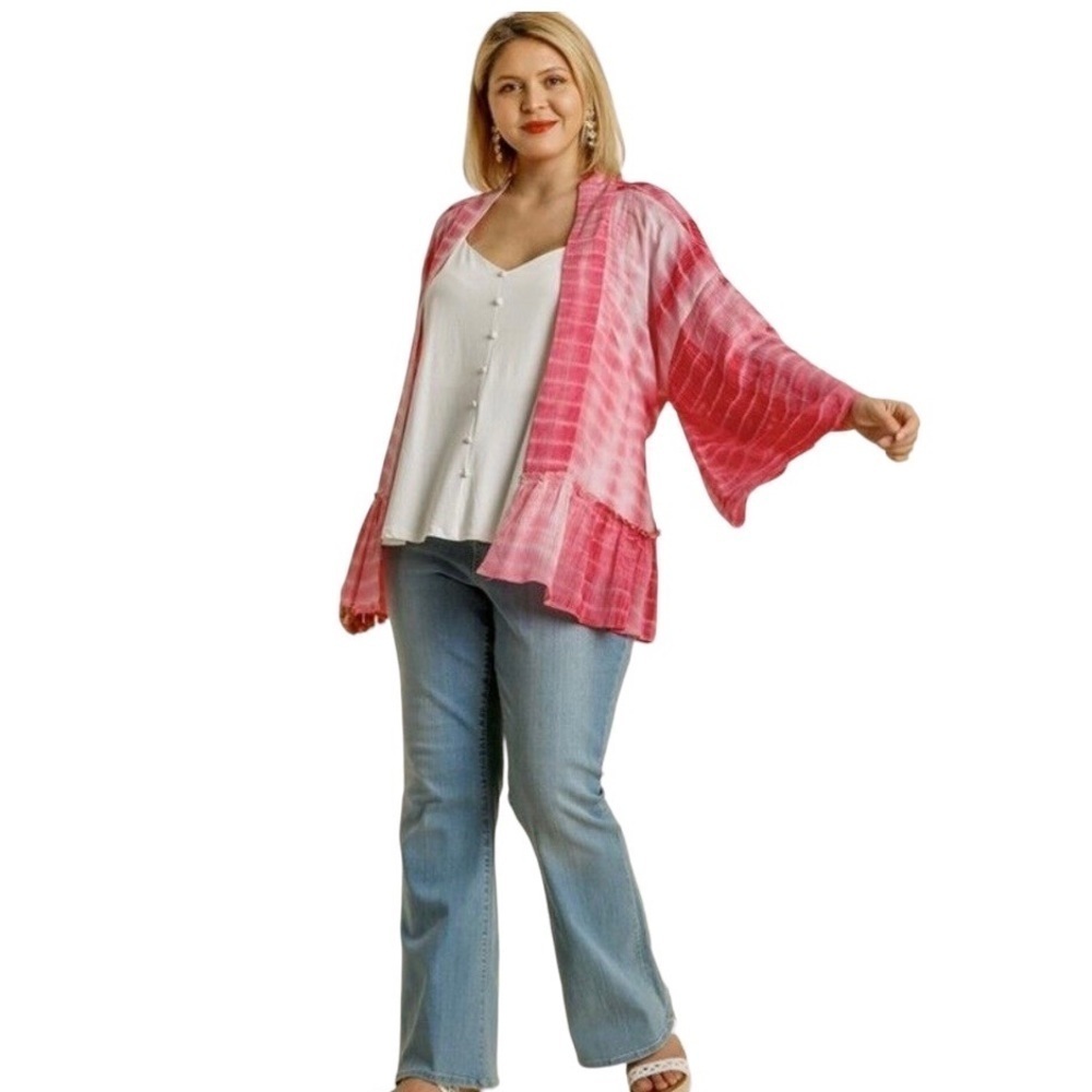 NWT Umgee Shibori Tie Dye Kimono Pink/White Boho Size M/Large